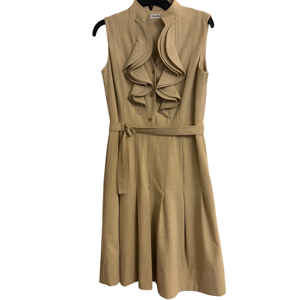 Calvin Klein Ruffle Front Belted Fit Flare Dress 4 Tan Tan, Khaki, Beige, Office